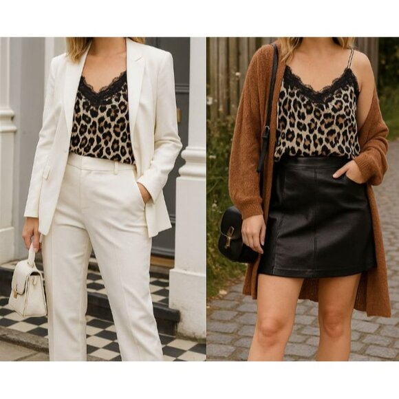 BP Woman's Leopard  Lace Trim Camisole Top L Layering Stretch Lace Animal Print - Picture 2 of 10